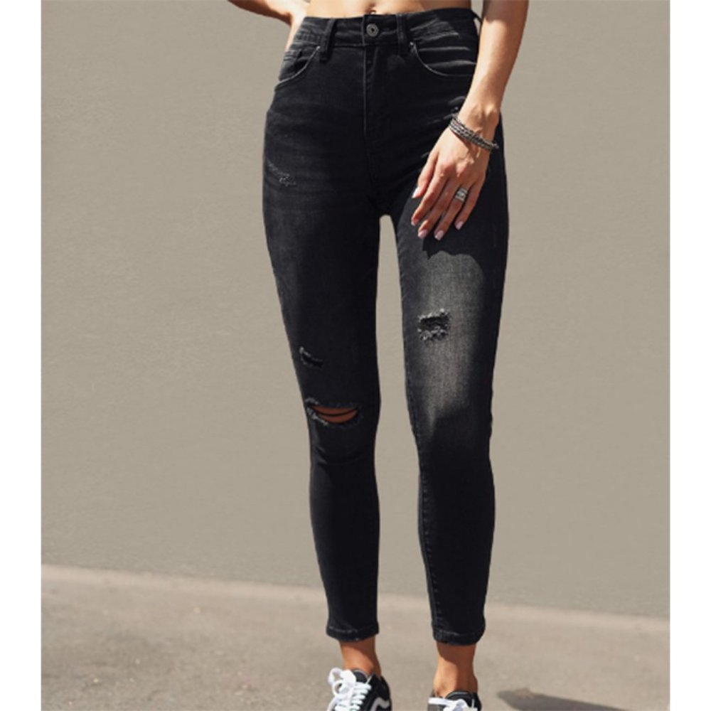 High Rise Black Distressed Skinny Ankle Jeans - Only Size 1 & 15 Left!